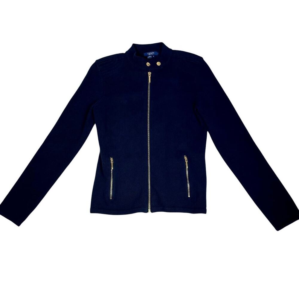CHAPS WOMEN'S NAVY BLUE KNIT ZIP SWEATER GOLD ACCENTS SMALL - Picture 3 of 4